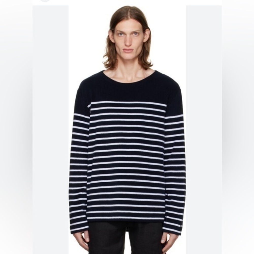 Ralph Lauren Purple Label Navy French Terry Striped Fleece Sweatshirt Sweater